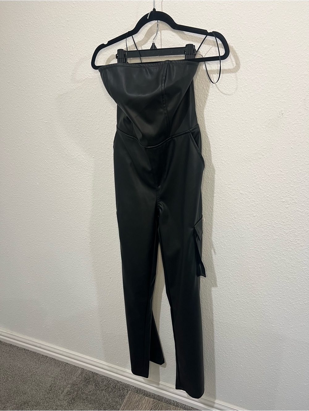 Bar III Black Strapless Faux Leather Jumpsuit